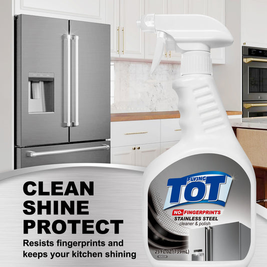 FLYING TOT Stainless Steel Cleaner and Polish - Streak-Free Self- Polishing Formula, Removes Fingerprints, Residue, Water Marks and Grease from Appliances - 25 Fl. Oz.