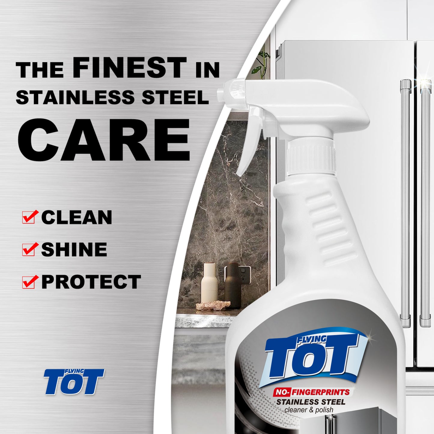 FLYING TOT Stainless Steel Cleaner and Polish - Streak-Free Self- Polishing Formula, Removes Fingerprints, Residue, Water Marks and Grease from Appliances - 25 Fl. Oz.