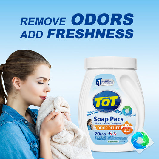 FLYING TOT Liquid Laundry Detergent Soap Pacs, Powerful 4-in-1 Clean in One Step, Detergent Power Paks, 20 Count Bag, He Compatible