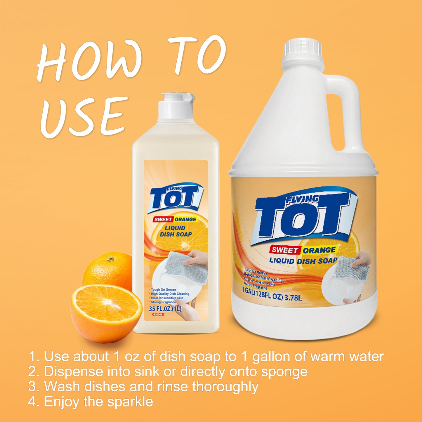 FLYING TOT Dish Soap - Dishwashing Liquid Super Degreaser - 1 Gallon Sweet Orange
