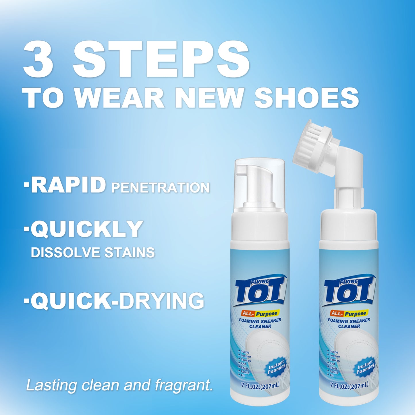 FLYING TOT Foaming Sneaker Cleaner - Stain Remover Spray Removes Dirt, Grime and Grass - 7 Fl. Oz. Sneakers Cleaner for Outdoor Shoes, Slippers and Moccasins