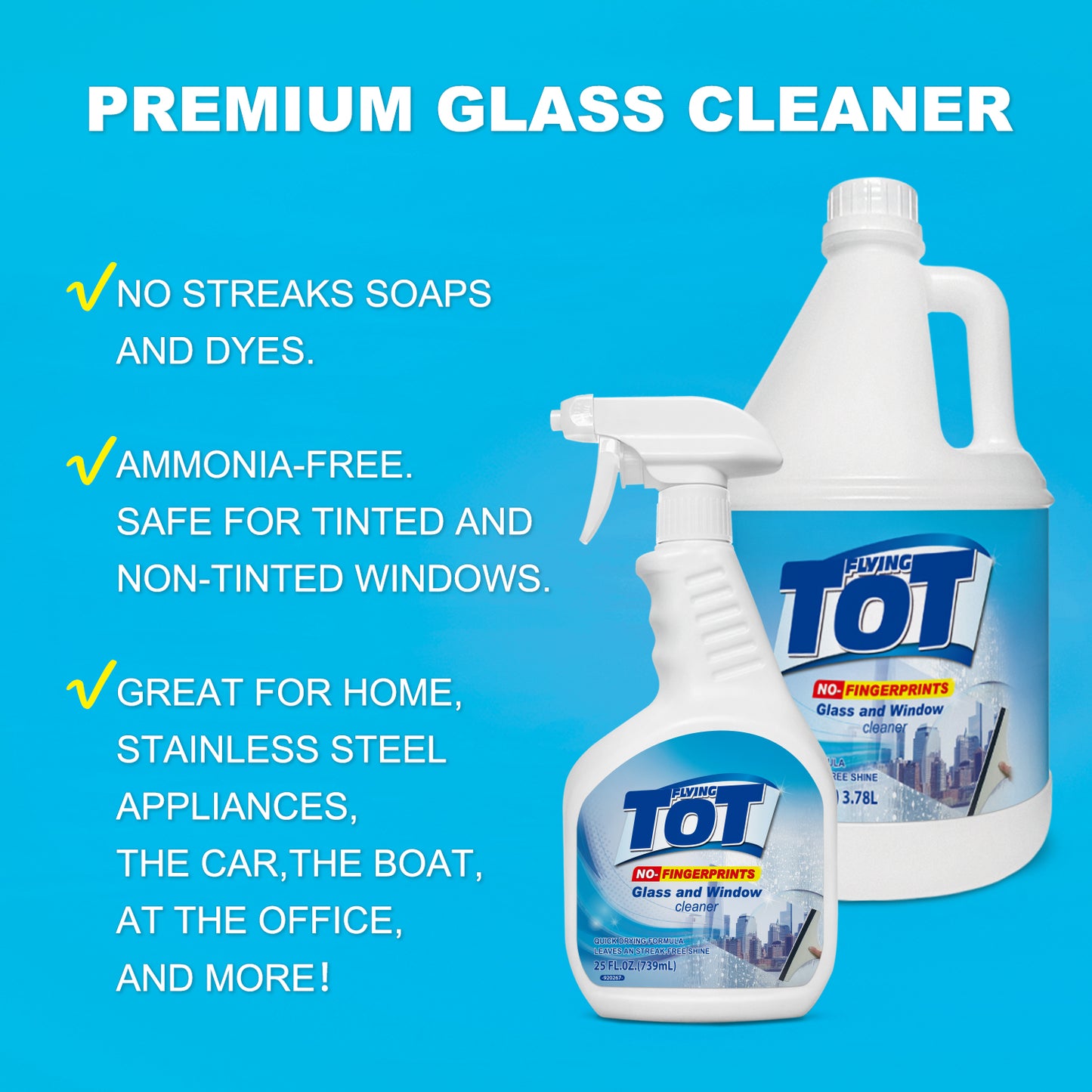 FLYING TOT Glass & Windows Cleaner with Foaming Spray for a Streak-Free Shine for Home and Automotive Use - 25 Fl. Oz.