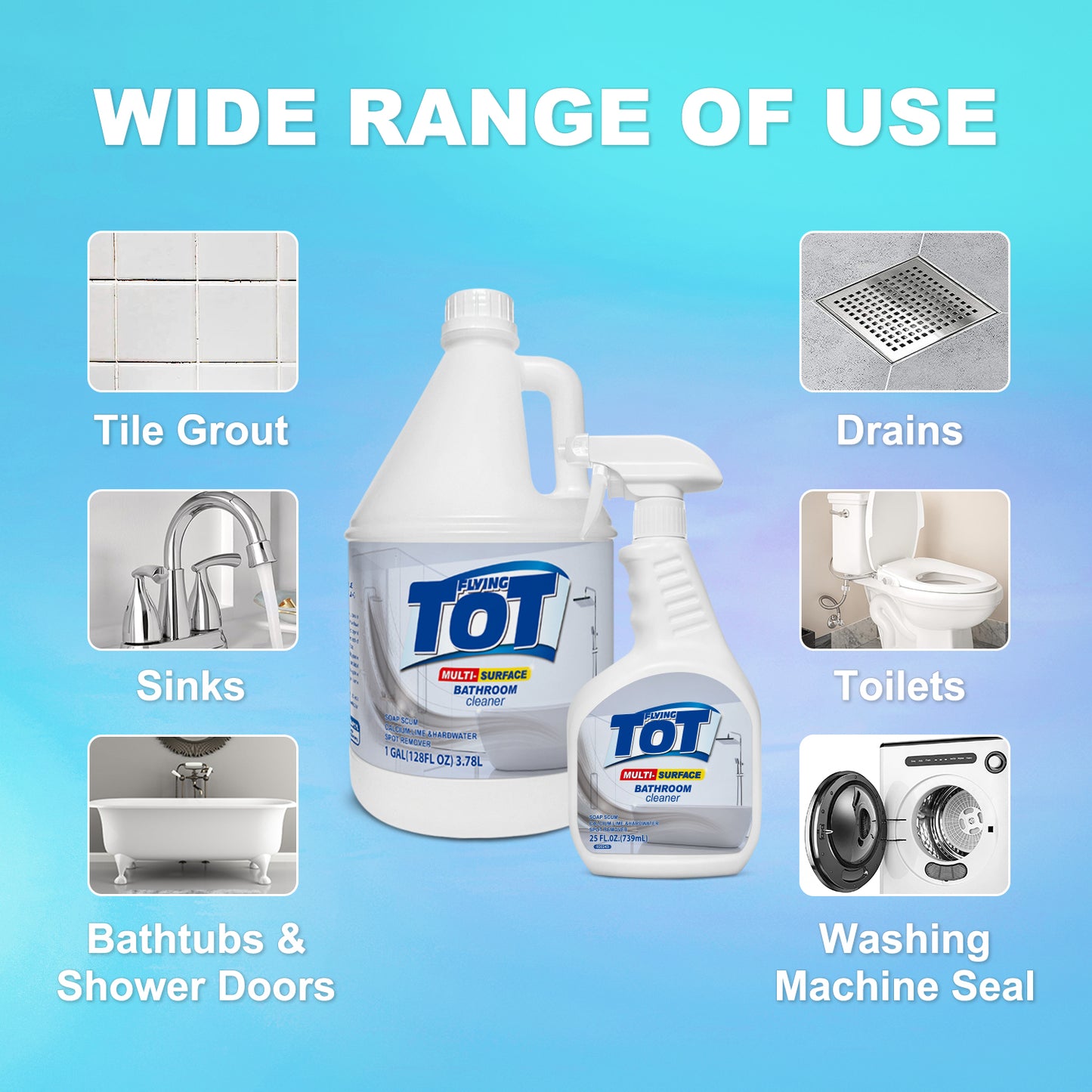 FLYING TOT Bathroom Cleaner - Soap Scum Remover Shower Glass Door Cleaner Works on Ceramic Tile, Chrome, Plastic and More, Removes 100% Soap Scum, Rainshower Scent - 1 Gallon
