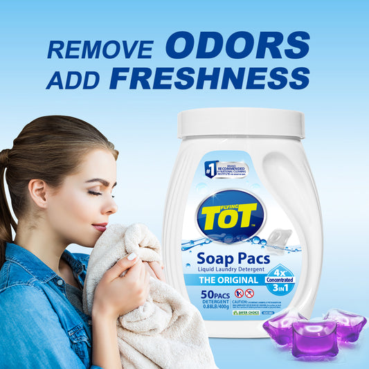 FLYING TOT Liquid Laundry Detergent Soap Pacs, Powerful 3-in-1 Clean in One Step, Detergent Power Paks, 50 Count Bag, He Compatible