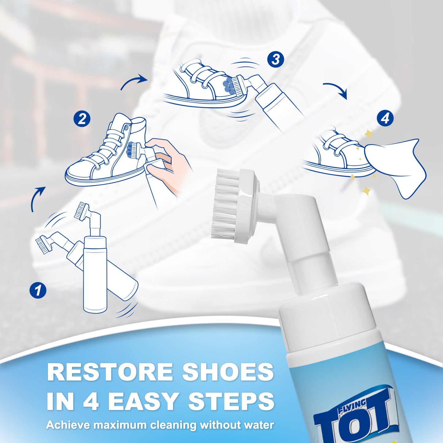 FLYING TOT Foaming Sneaker Cleaner - Stain Remover Spray Removes Dirt, Grime and Grass - 7 Fl. Oz. Sneakers Cleaner  with Scrub Brush for Outdoor Shoes, Slippers and Moccasins