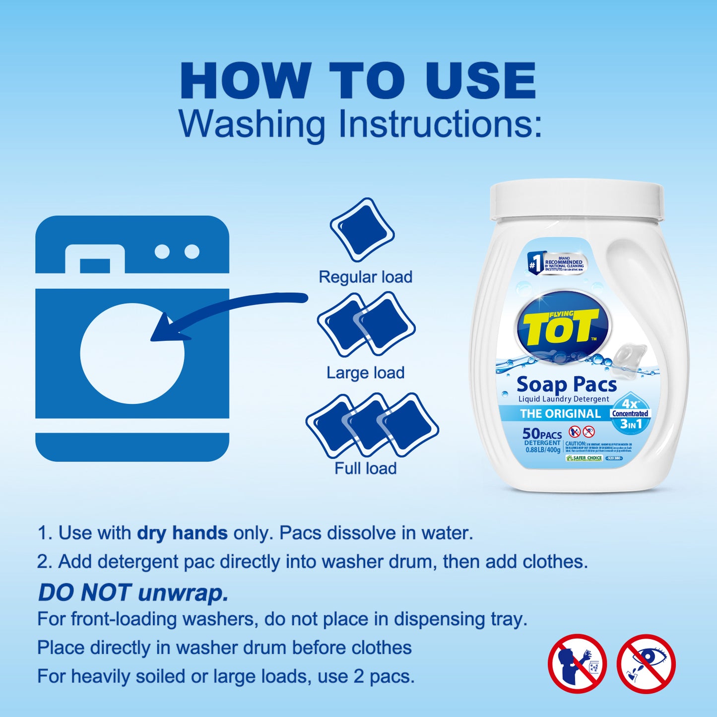 FLYING TOT Liquid Laundry Detergent Soap Pacs, Powerful 3-in-1 Clean in One Step, Detergent Power Paks, 50 Count Bag, He Compatible