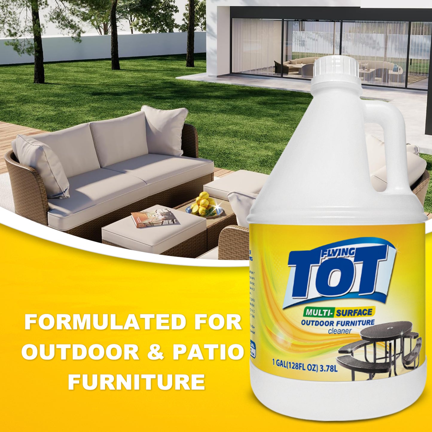 FLYING TOT Outdoor Furniture Cleaner, Cleans and Protects Outdoor Surfaces - Works on Fabric, Wood, Wicker, PVC, Plastic and More - 1 Gallon