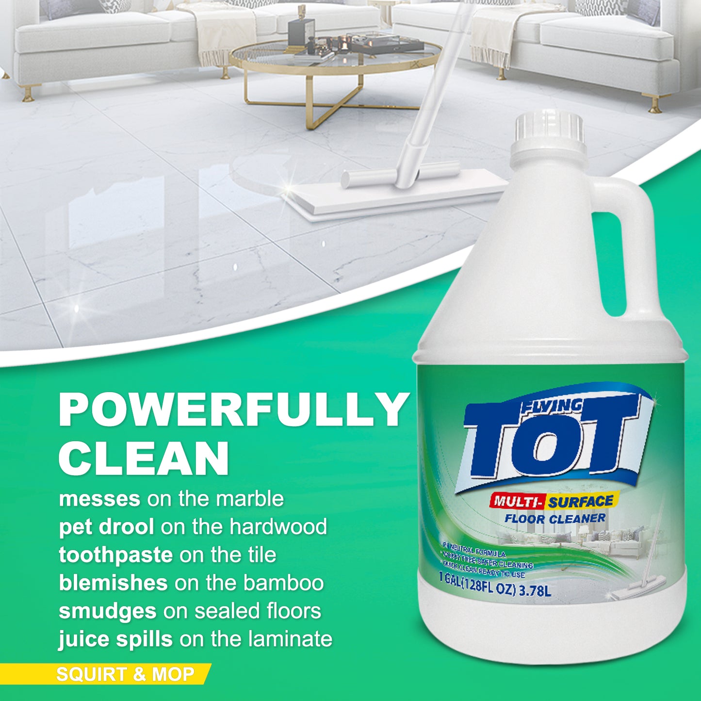 FLYING TOT Multi Surface Floor Cleaner 1 Gallon | Ready to Use, Dirt Dissolving, Streak Free, No Rinse | Use on Hardwood, Laminate, Luxury Vinyl Plank LVT, Tile & Stone | Safer Choice Cleaner