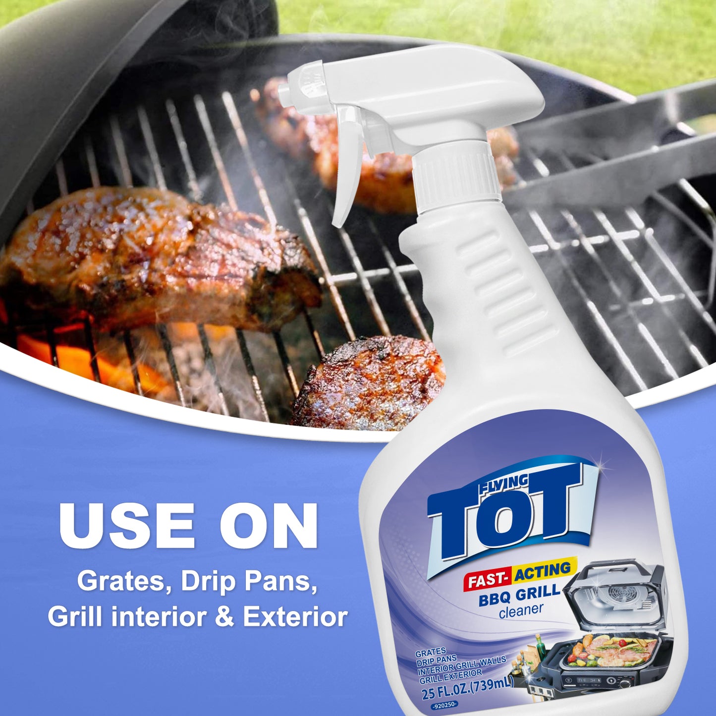 FLYING TOT Grill and Grate Cleaner - Cleans and Degreases BBQ Cooking Grates and Racks, Pellet and Electric Smokers- 25 Fl. Oz.