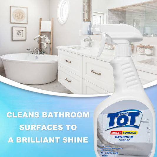 FLYING TOT Bathroom Cleaner - Soap Scum Remover Shower Glass Door Cleaner Works on Ceramic Tile, Chrome, Plastic and More, Removes 100% Soap Scum, Rainshower Scent - 25 Fl. Oz.