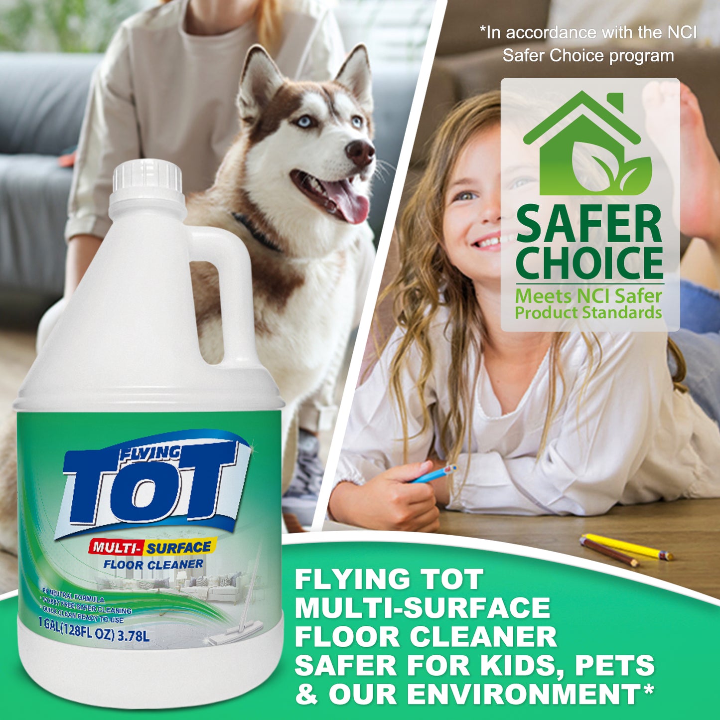 FLYING TOT Multi Surface Floor Cleaner 1 Gallon | Ready to Use, Dirt Dissolving, Streak Free, No Rinse | Use on Hardwood, Laminate, Luxury Vinyl Plank LVT, Tile & Stone | Safer Choice Cleaner