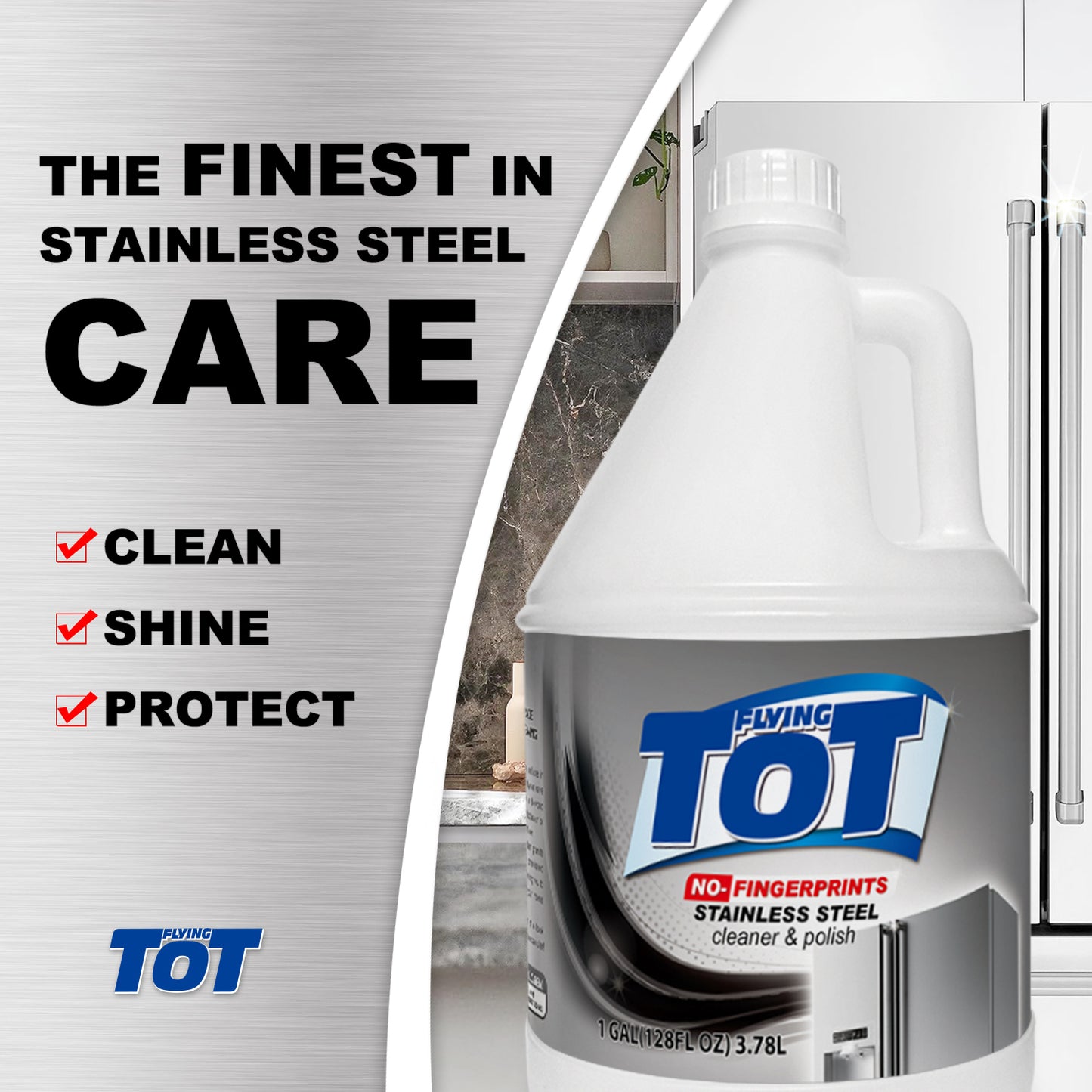 FLYING TOT Stainless Steel Cleaner and Polish - Streak-Free Self- Polishing Formula, Removes Fingerprints, Residue, Water Marks and Grease from Appliances - 1 Gallon