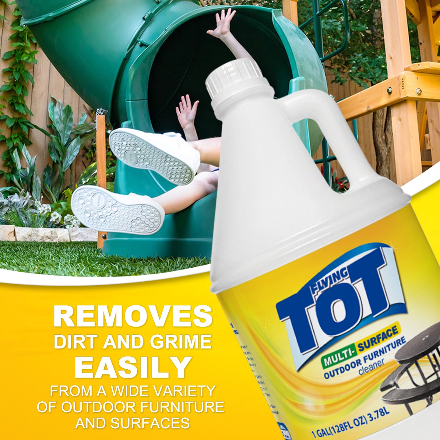 FLYING TOT Outdoor Furniture Cleaner, Cleans and Protects Outdoor Surfaces - Works on Fabric, Wood, Wicker, PVC, Plastic and More - 1 Gallon