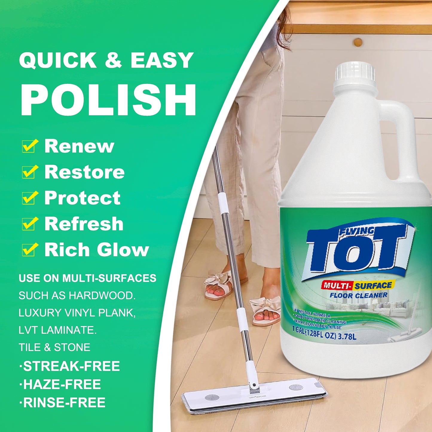 FLYING TOT Multi Surface Floor Cleaner 1 Gallon | Ready to Use, Dirt Dissolving, Streak Free, No Rinse | Use on Hardwood, Laminate, Luxury Vinyl Plank LVT, Tile & Stone | Safer Choice Cleaner