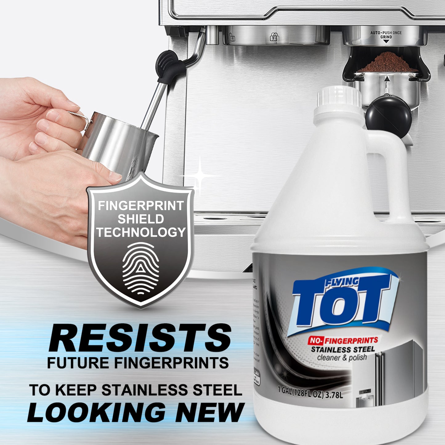 FLYING TOT Stainless Steel Cleaner and Polish - Streak-Free Self- Polishing Formula, Removes Fingerprints, Residue, Water Marks and Grease from Appliances - 1 Gallon