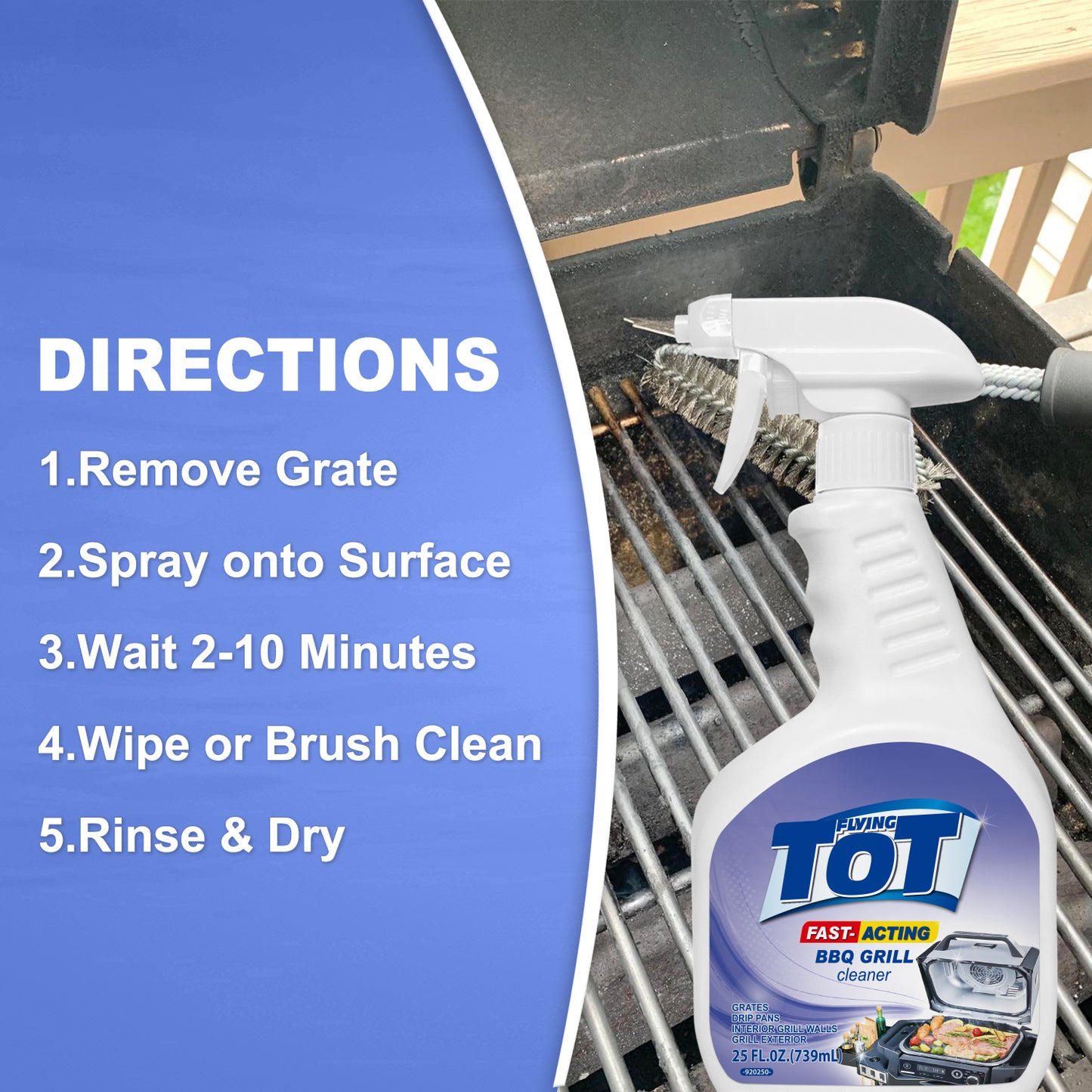 FLYING TOT Grill and Grate Cleaner - Cleans and Degreases BBQ Cooking Grates and Racks, Pellet and Electric Smokers- 25 Fl. Oz.