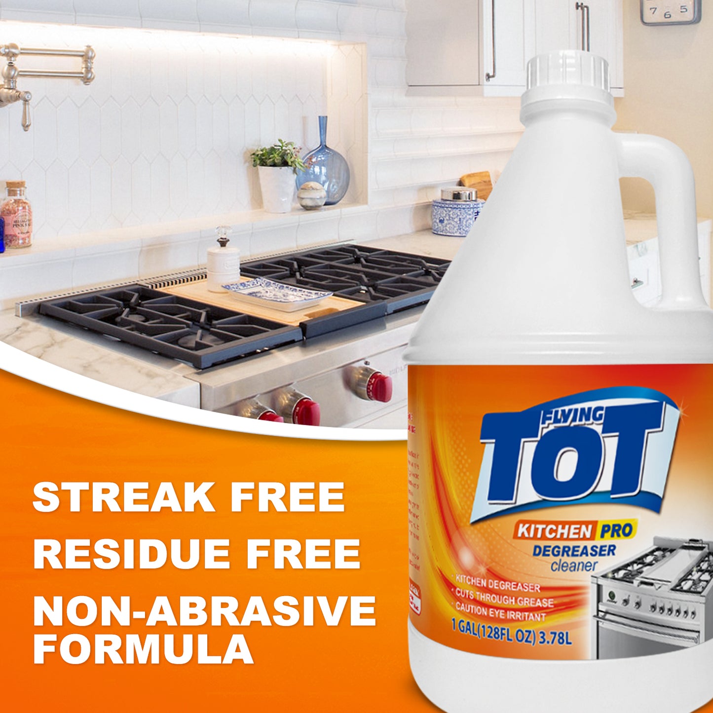 FLYING TOT Kitchen Degreaser Cleaner - Removes Kitchen Grease, Grime and Baked-on Food - 1 Gallon