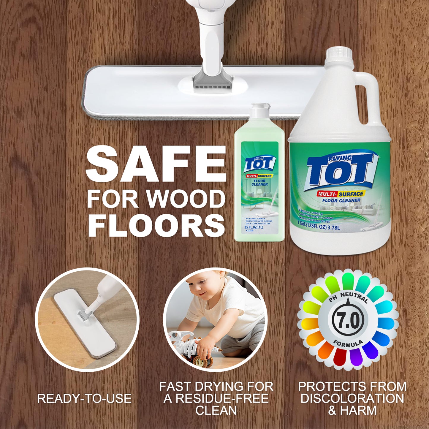 FLYING TOT Multi Surface Floor Cleaner 1 Gallon | Ready to Use, Dirt Dissolving, Streak Free, No Rinse | Use on Hardwood, Laminate, Luxury Vinyl Plank LVT, Tile & Stone | Safer Choice Cleaner