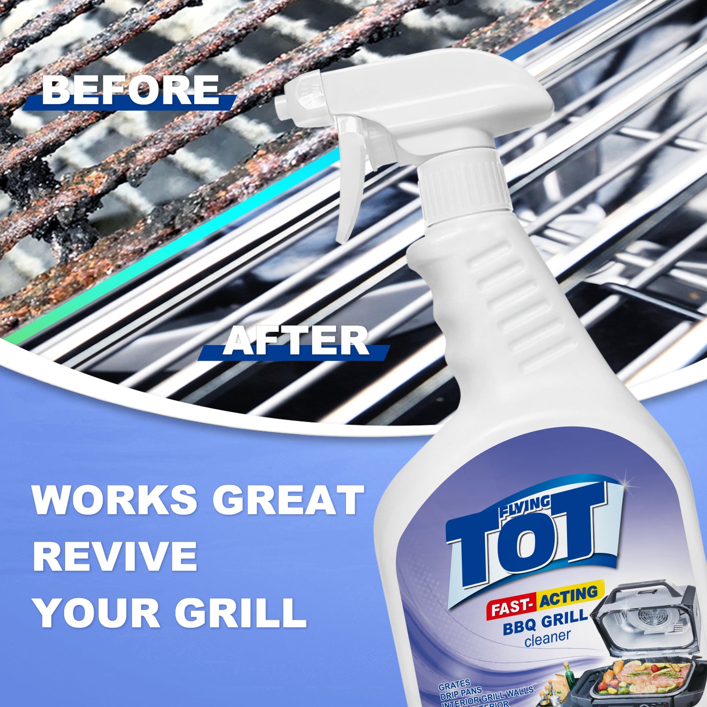 FLYING TOT Grill and Grate Cleaner - Cleans and Degreases BBQ Cooking Grates and Racks, Pellet and Electric Smokers- 25 Fl. Oz.