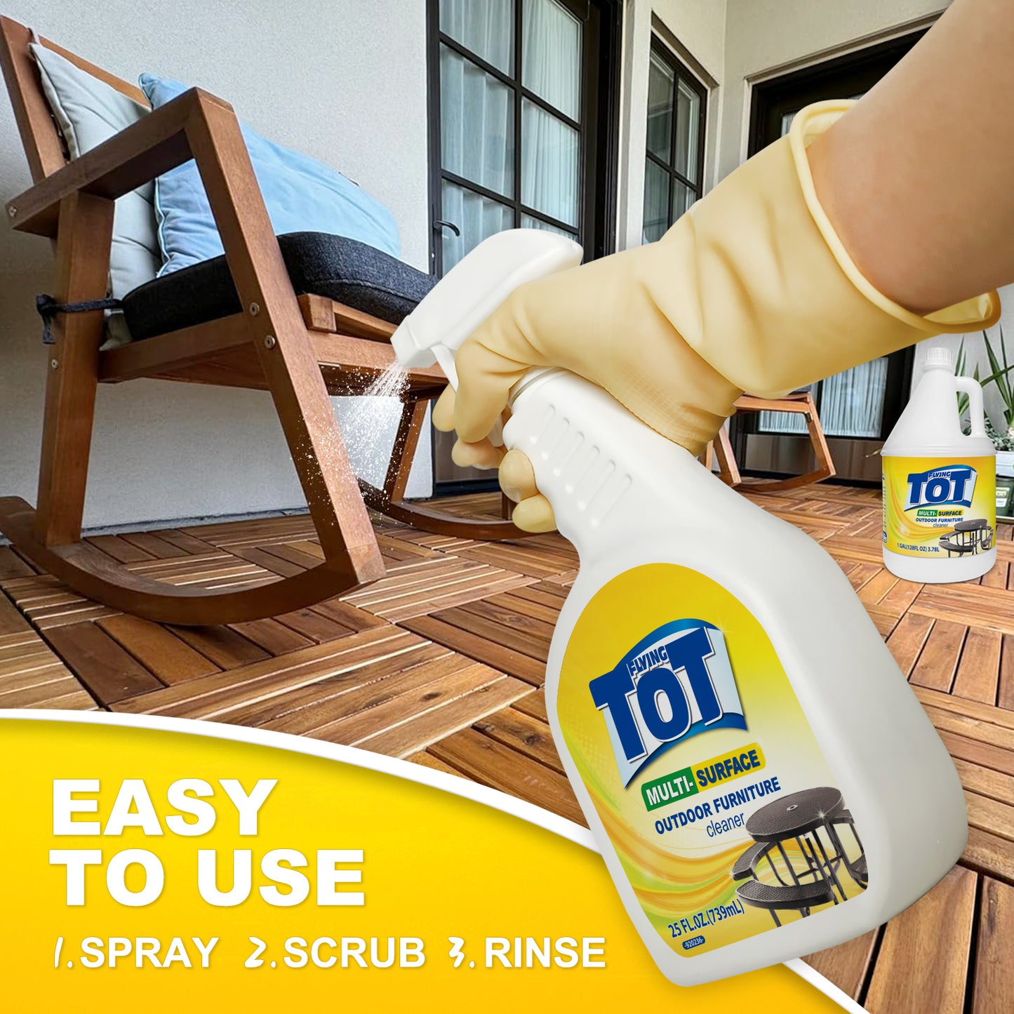 FLYING TOT Outdoor Furniture Cleaner, Cleans and Protects Outdoor Surfaces - Works on Fabric, Wood, Wicker, PVC, Plastic and More - 1 Gallon