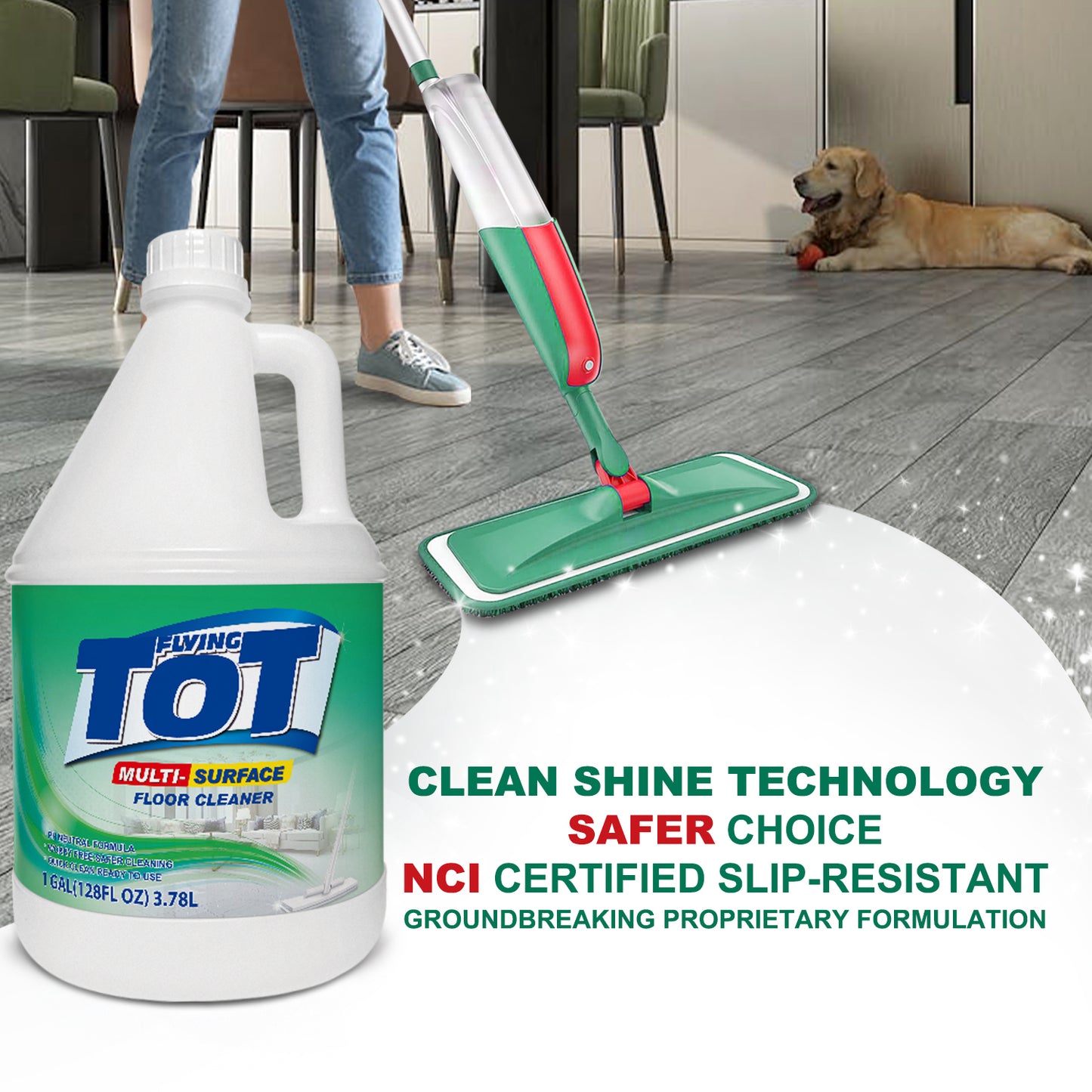 FLYING TOT Multi Surface Floor Cleaner 1 Gallon | Ready to Use, Dirt Dissolving, Streak Free, No Rinse | Use on Hardwood, Laminate, Luxury Vinyl Plank LVT, Tile & Stone | Safer Choice Cleaner