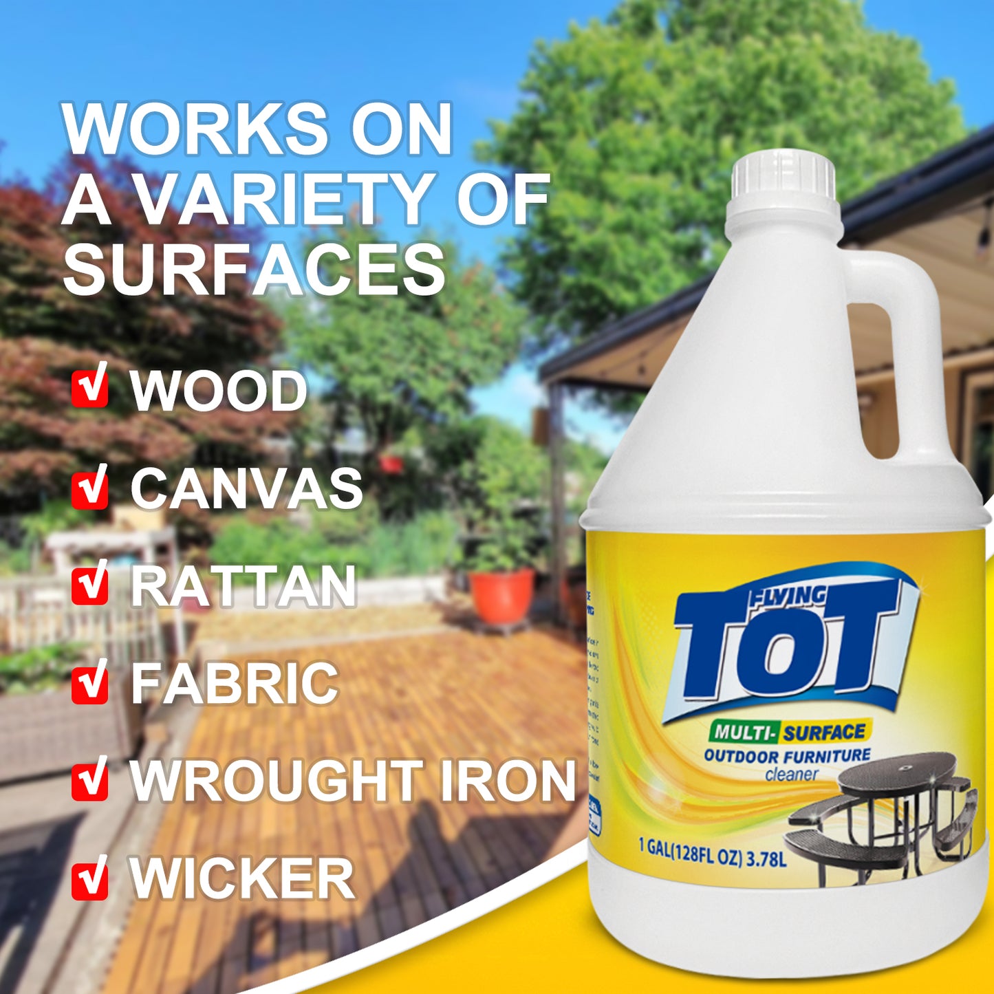 FLYING TOT Outdoor Furniture Cleaner, Cleans and Protects Outdoor Surfaces - Works on Fabric, Wood, Wicker, PVC, Plastic and More - 1 Gallon