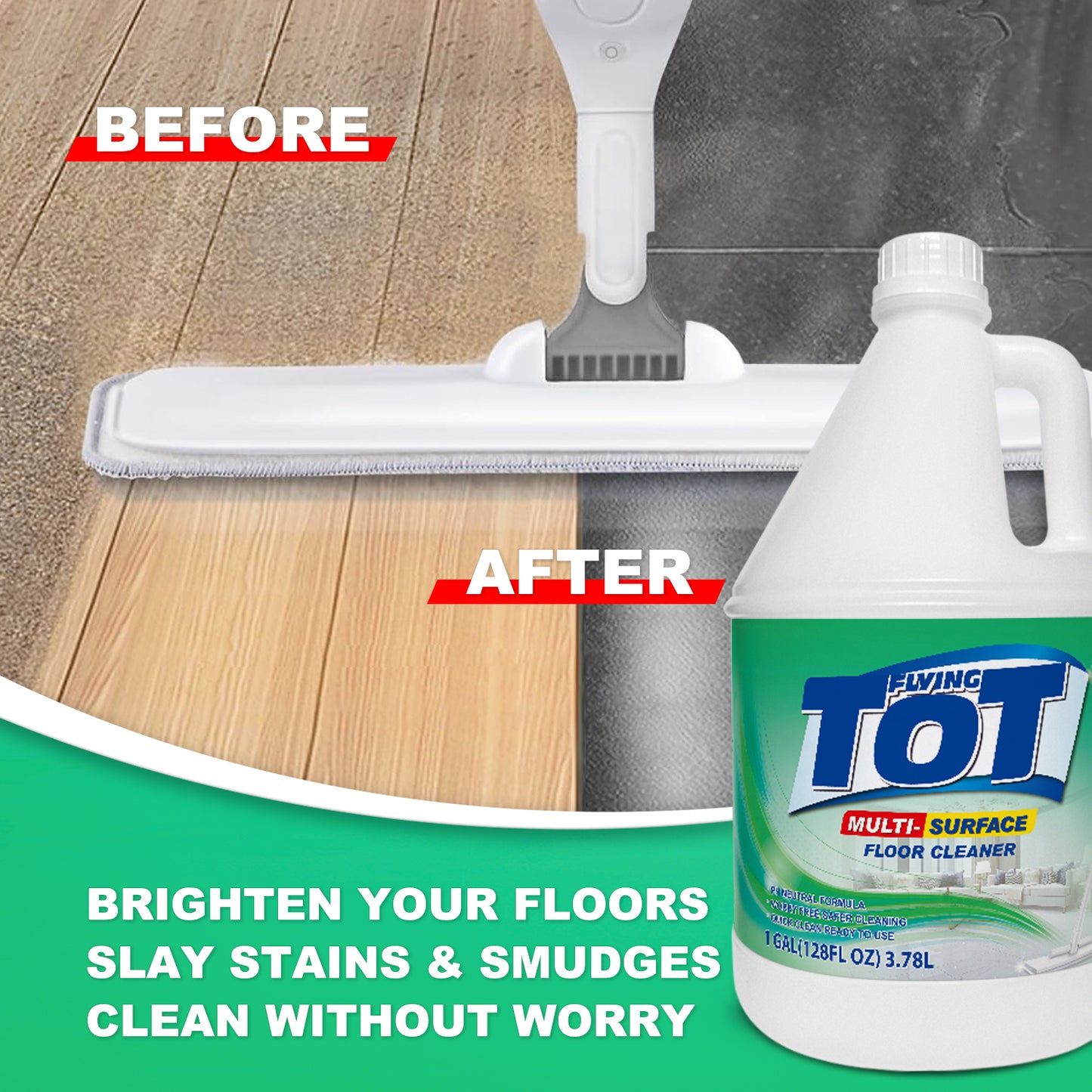 FLYING TOT Multi Surface Floor Cleaner 1 Gallon | Ready to Use, Dirt Dissolving, Streak Free, No Rinse | Use on Hardwood, Laminate, Luxury Vinyl Plank LVT, Tile & Stone | Safer Choice Cleaner