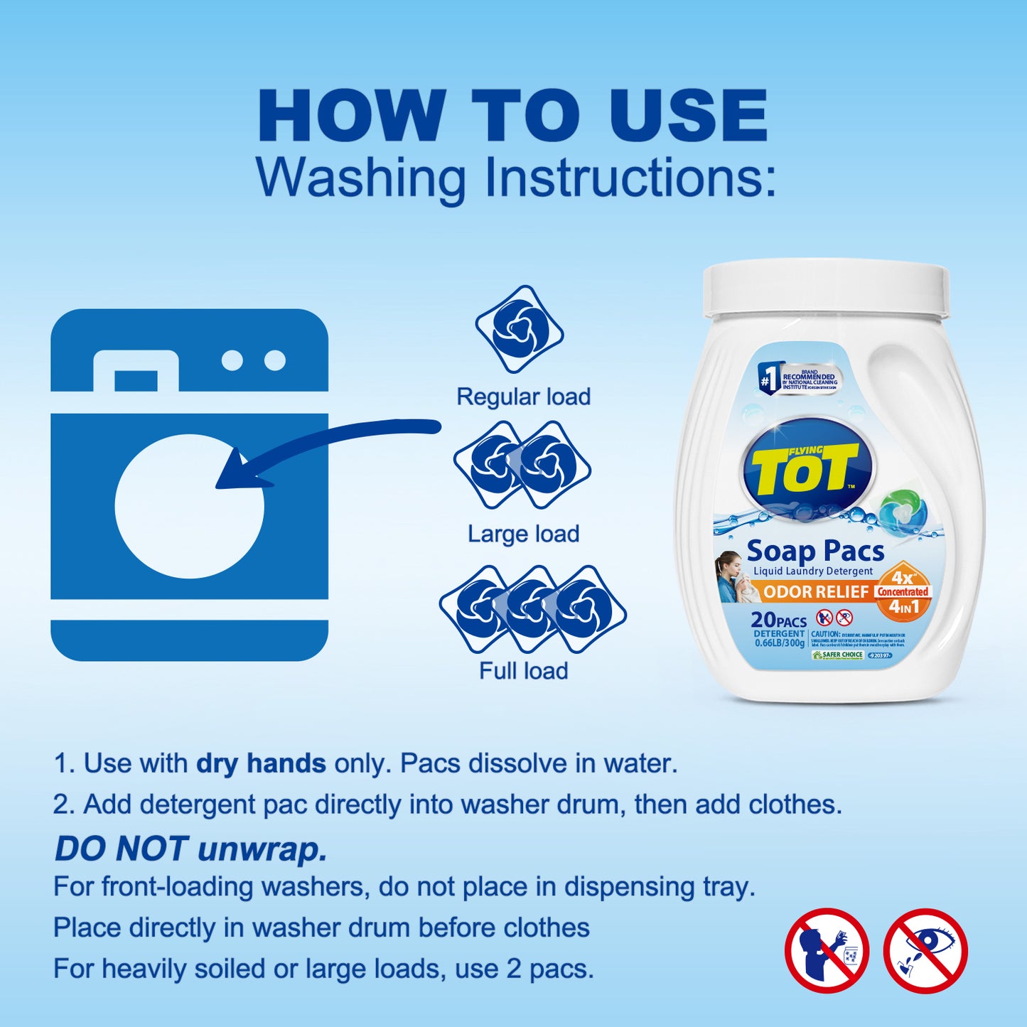 FLYING TOT Liquid Laundry Detergent Soap Pacs, Powerful 4-in-1 Clean in One Step, Detergent Power Paks, 20 Count Bag, He Compatible