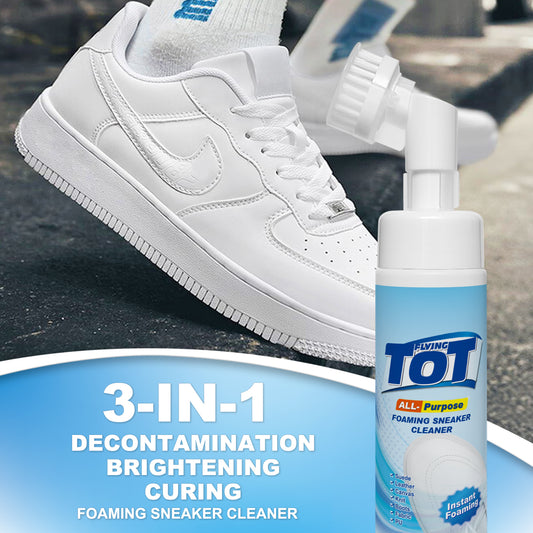 FLYING TOT Foaming Sneaker Cleaner - Stain Remover Spray Removes Dirt, Grime and Grass - 7 Fl. Oz. Sneakers Cleaner  with Scrub Brush for Outdoor Shoes, Slippers and Moccasins